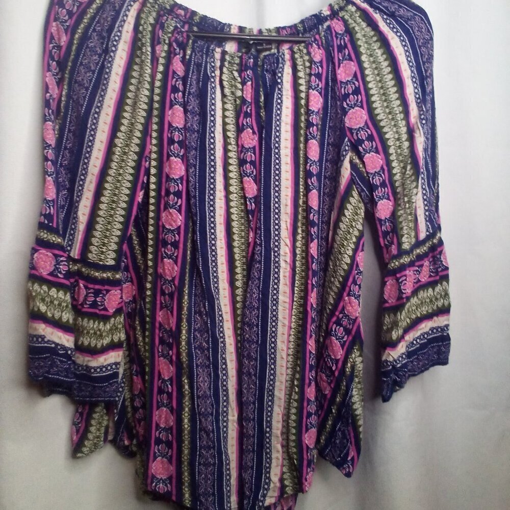 New Directions Blouse S 3/4 Bell Sleeve Boho Patterned Colorful